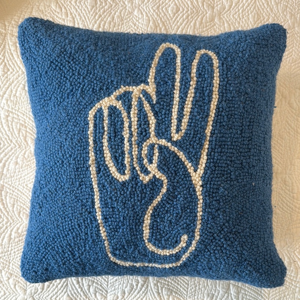 Blue Hooked Accent Pillow with White Peace Hand Motif